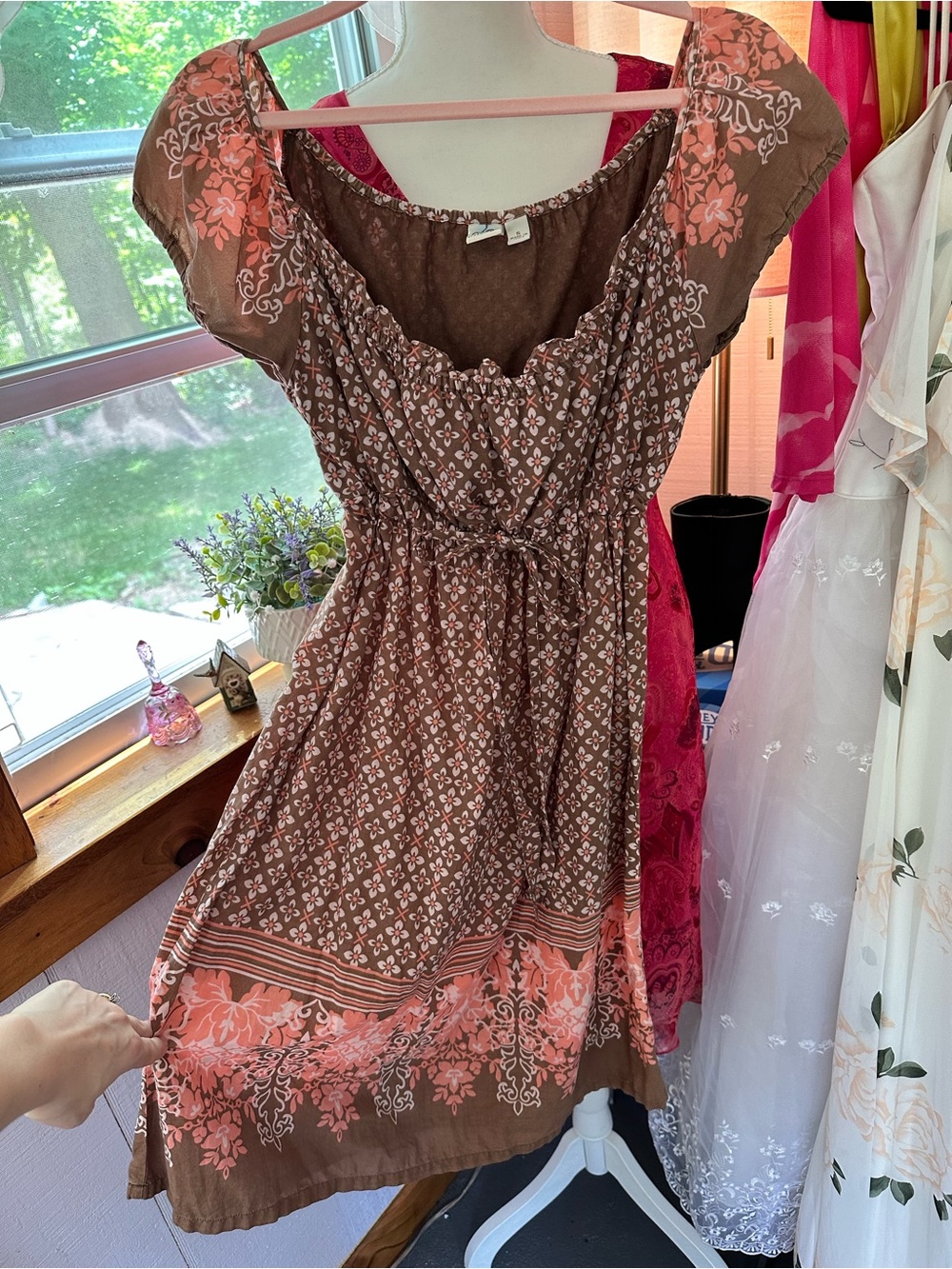 Brown and Coral Floral Boho Midi Dress